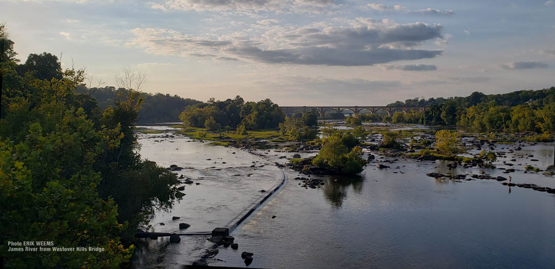 James River flowing by Westover Hills Bridge and the CSX train bridge