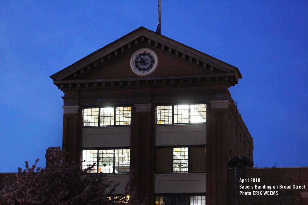 Sauers building at night on Broad Street