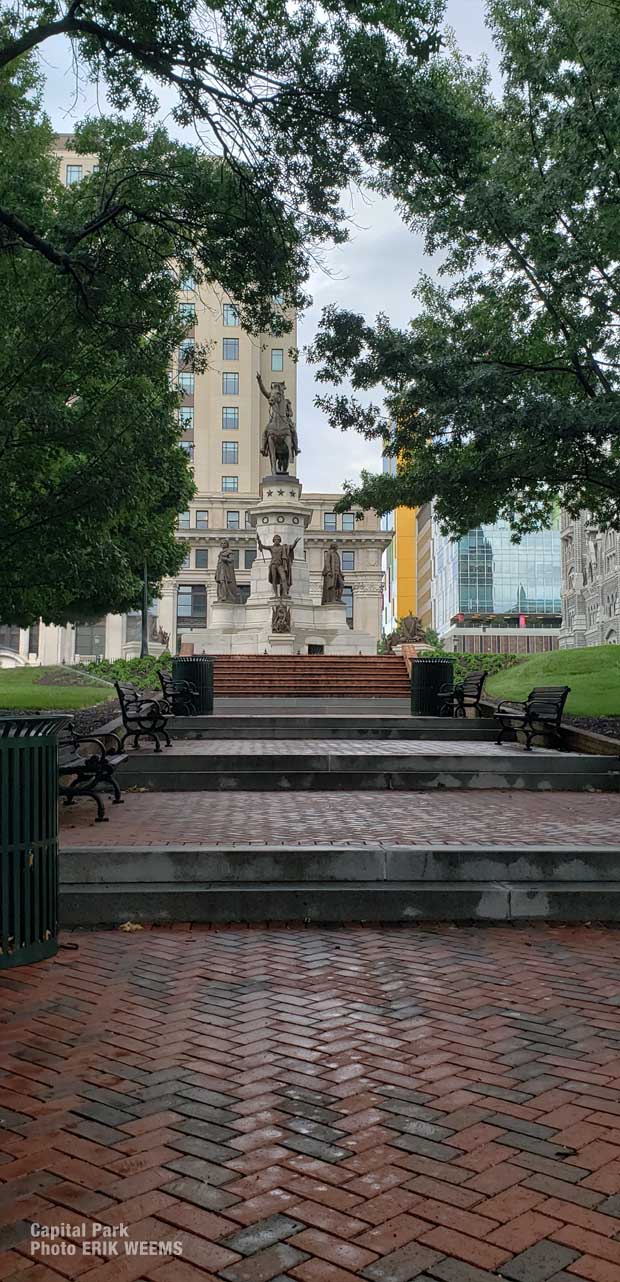 The Brick Walk Way toward the statues in Capital Park in Richmond