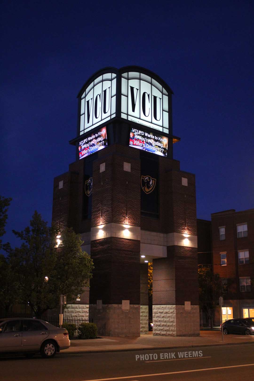 VCU light tower at night on Broad Street