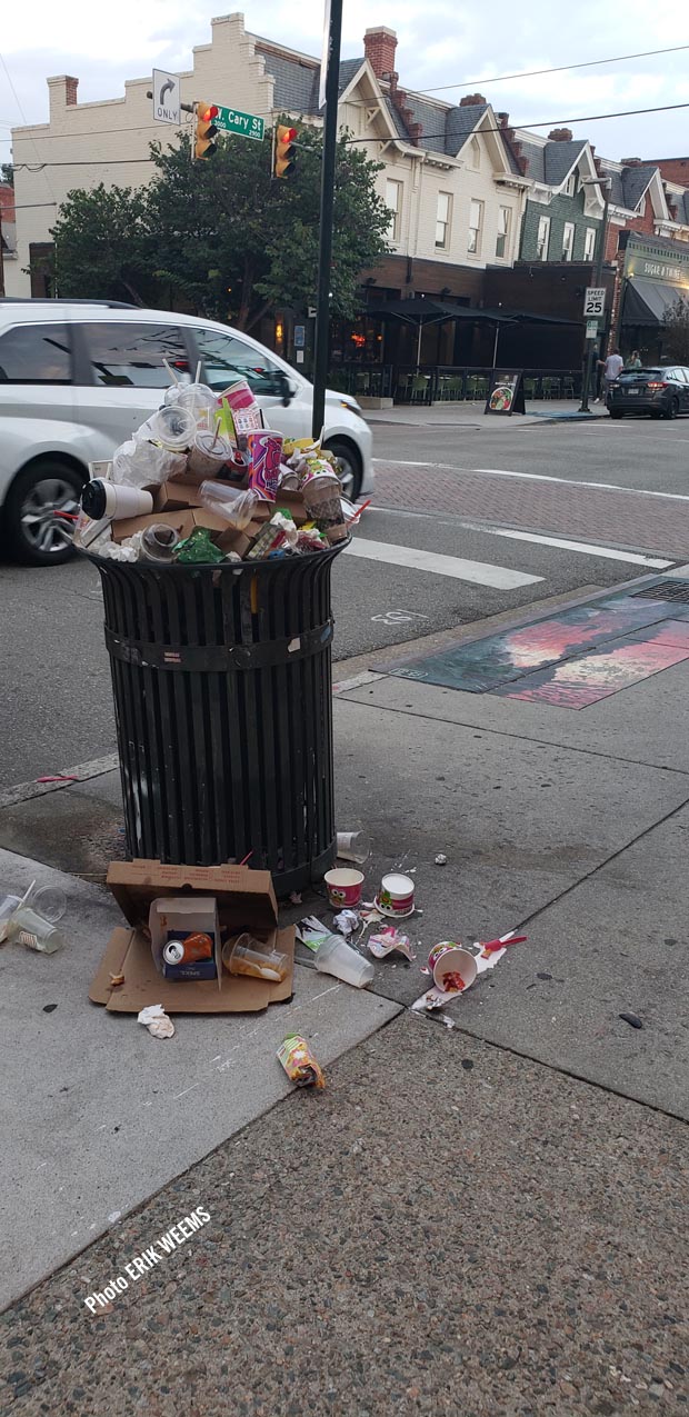 Too much trash on Cary Street in Carytown, Richmond