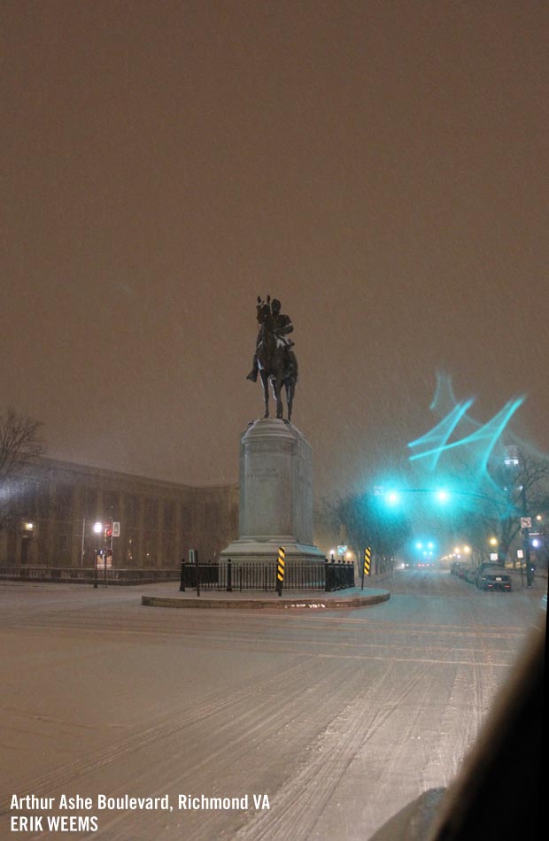 Snow on Stonewall Jackson on Arthur Ashe Boulevard in Richmond Virginia