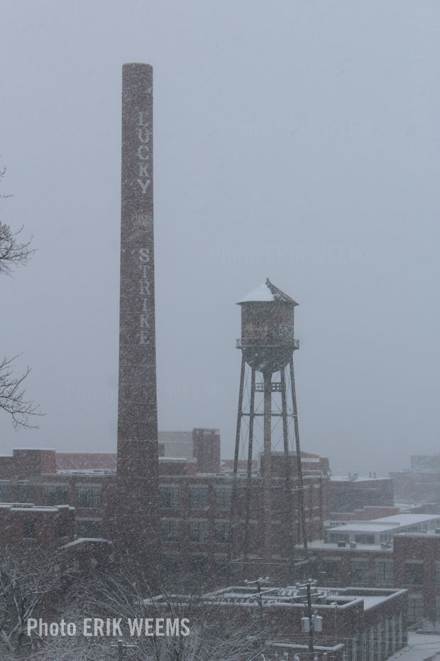Lucky Strike Chimney Tower in Richmond Virginia with snowfall