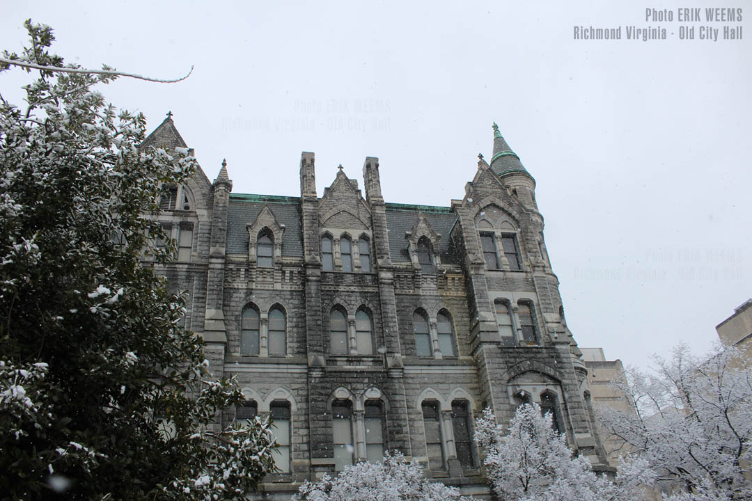 Snow falling on the Old City Hall Richmond Virginia
