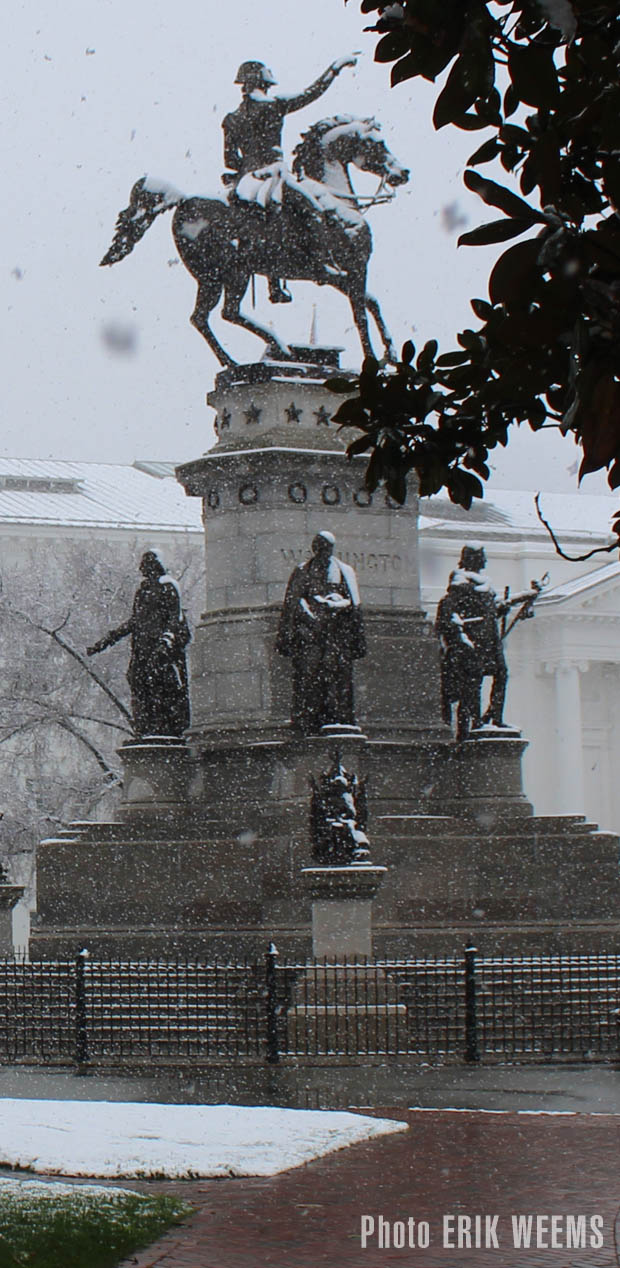 Snow on the statue of Washington in Capitol Park Richmond Virginia
